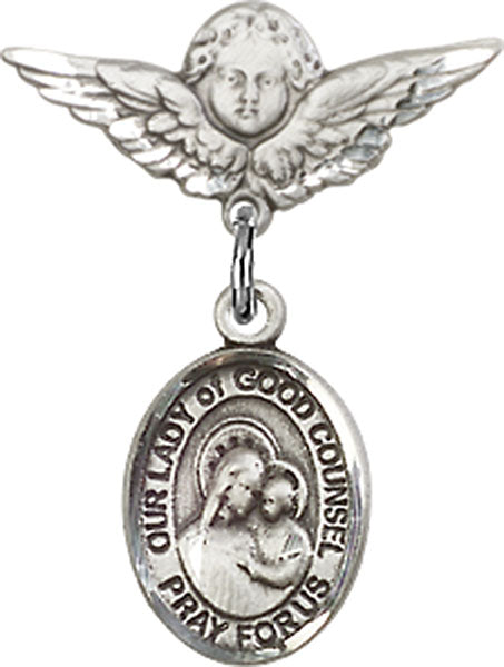 Our Lady of Good Counsel Charm and Angel with Smaller Wings Badge Pin