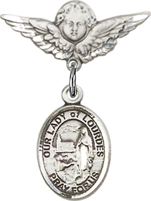 Our Lady of Lourdes Charm and Angel with Smaller Wings Badge Pin