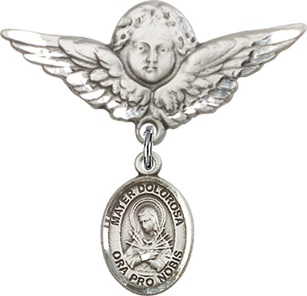 Mater Dolorosa Charm and Angel with Larger Wings Badge Pin