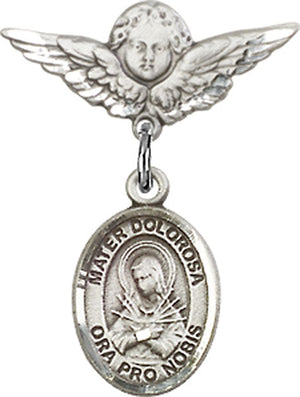 Mater Dolorosa Charm and Angel with Smaller Wings Badge Pin