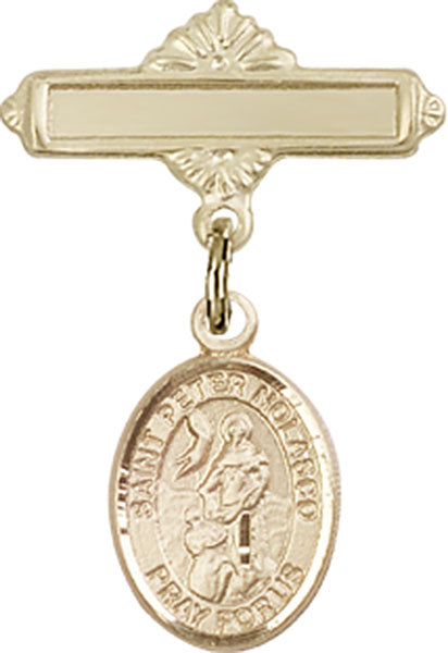 St. Peter Nolasco Charm and Polished Engravable Badge Pin