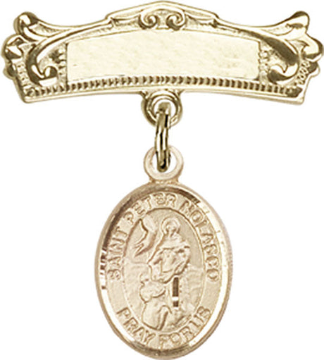 St. Peter Nolasco Charm and Arched Polished Engravable Badge Pin