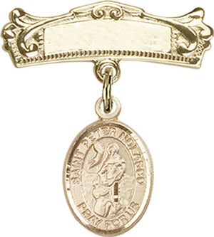 St. Peter Nolasco Charm and Arched Polished Engravable Badge Pin