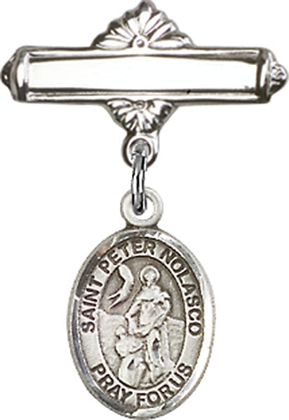 St. Peter Nolasco Charm and Polished Engravable Badge Pin