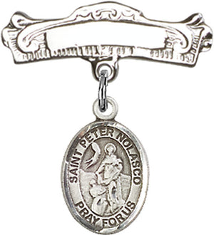 St. Peter Nolasco Charm and Arched Polished Engravable Badge Pin
