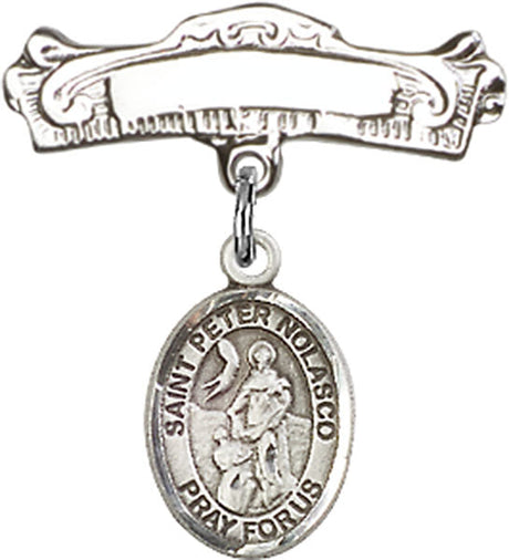 St. Peter Nolasco Charm and Arched Polished Engravable Badge Pin