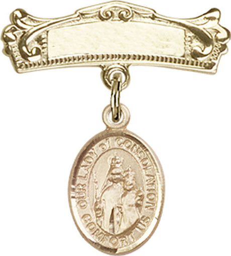 Our Lady of Consolation Charm and Arched Polished Engravable Badge Pin