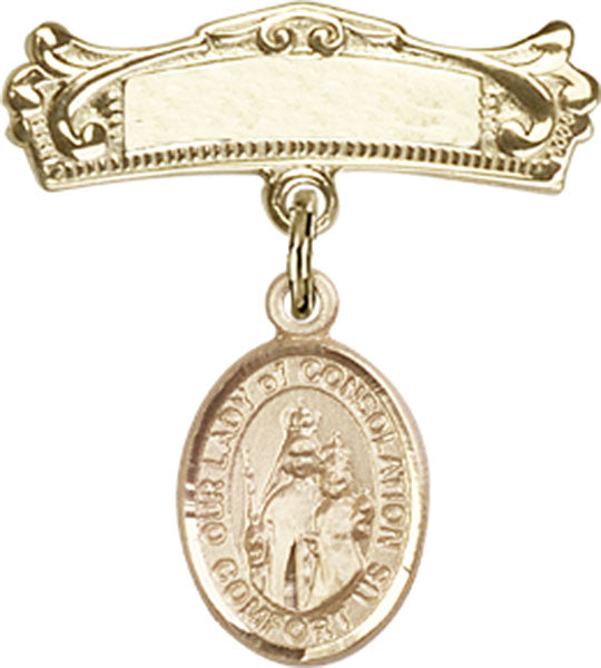 Our Lady of Consolation Charm and Arched Polished Engravable Badge Pin