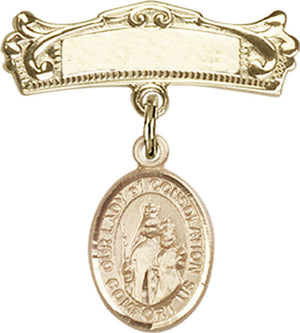 Our Lady of Consolation Charm and Arched Polished Engravable Badge Pin