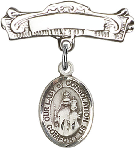 Our Lady of Consolation Charm and Arched Polished Engravable Badge Pin