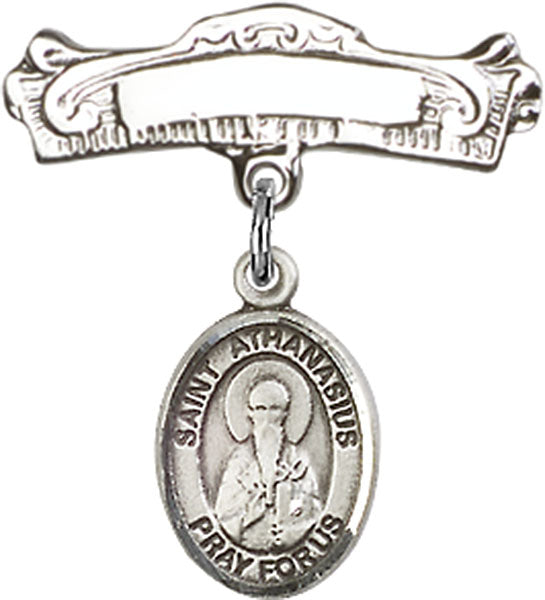 St. Athanasius Charm and Arched Polished Engravable Badge Pin