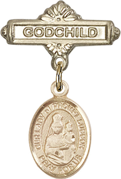 Our Lady of Prompt Succor Charm and Godchild Badge Pin