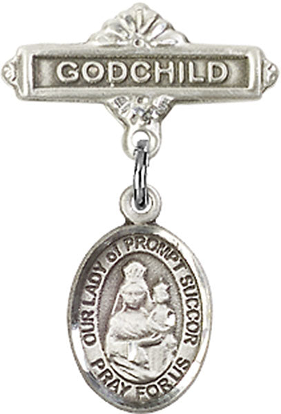 Our Lady of Prompt Succor Charm and Godchild Badge Pin