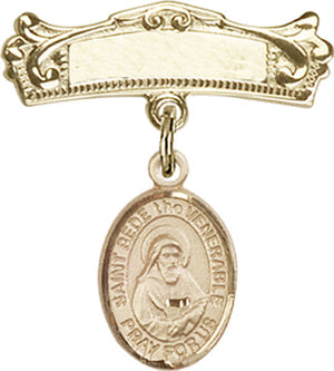 St. Bede the Venerable Charm and Arched Polished Engravable Badge Pin