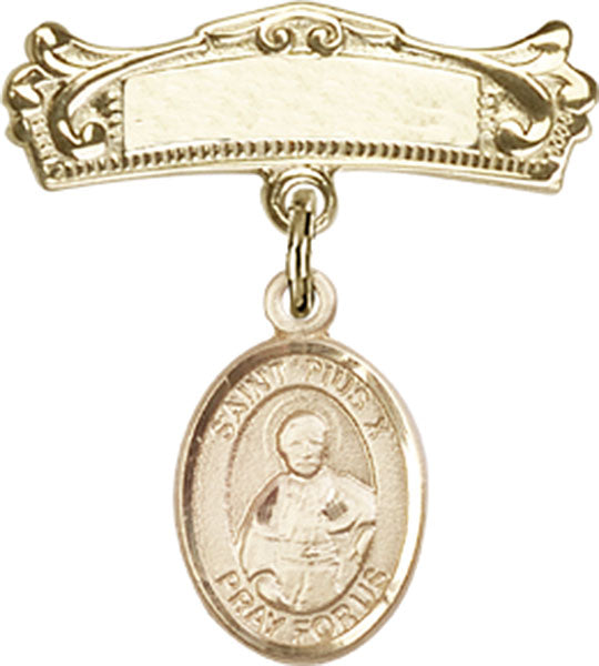 St. Pius X Charm and Arched Polished Engravable Badge Pin