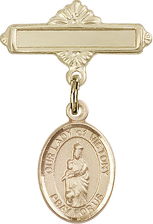 Our Lady of Victory Charm and Polished Engravable Badge Pin