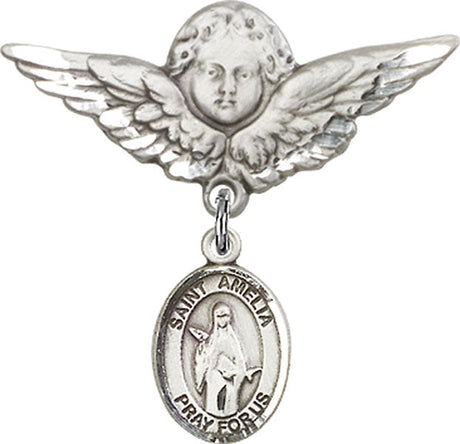 St. Amelia Charm and Angel with Larger Wings Badge Pin