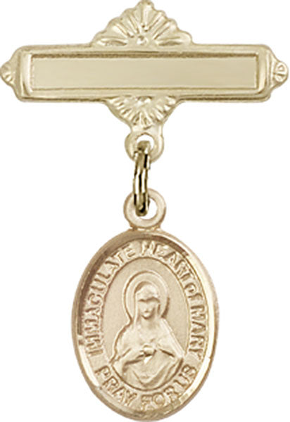 Immaculate Heart of Mary Charm and Polished Engravable Badge Pin
