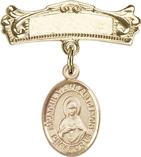 Immaculate Heart of Mary Charm and Arched Polished Engravable Badge Pin