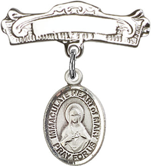 Immaculate Heart of Mary Charm and Arched Polished Engravable Badge Pin