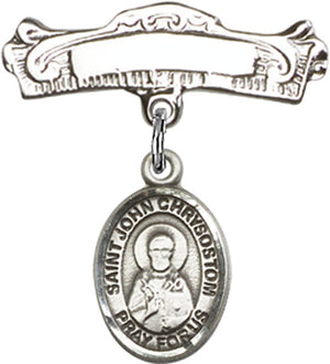 St. John Chrysostom Charm and Arched Polished Engravable Badge Pin