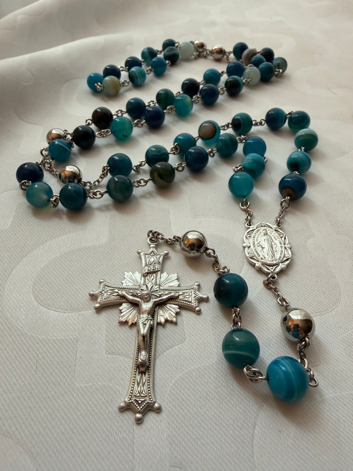Blue Agate Rosary 10mm Sterling Silver - Handmade Heirloom Quality Catholic Prayer Beads