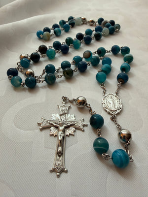 Blue Agate Rosary 10mm Sterling Silver - Handmade Heirloom Quality Catholic Prayer Beads