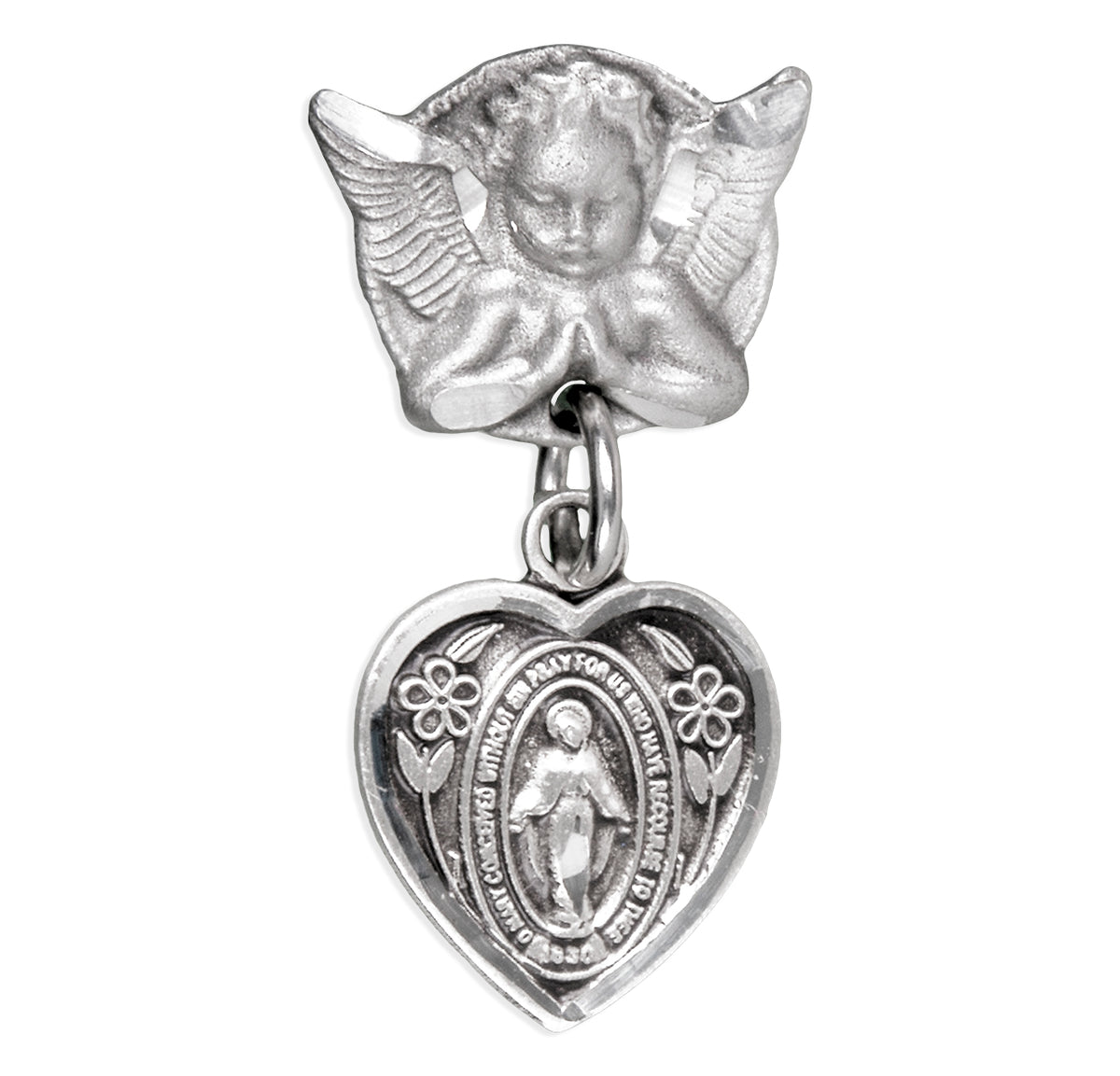 Heart Miraculous Medal Angel Pin for Baby, Sterling Silver