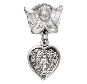 Heart Miraculous Medal Angel Pin for Baby, Sterling Silver