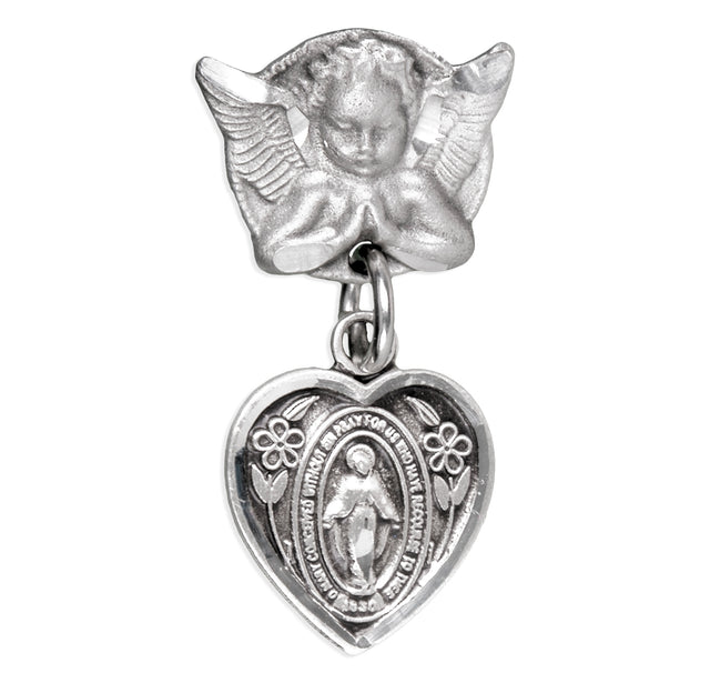 Heart Miraculous Medal Angel Pin for Baby, Sterling Silver