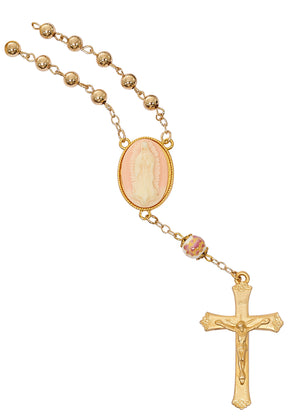 Gold Guadalupe Cameo Auto Rosary with Ceramic Flower Beads