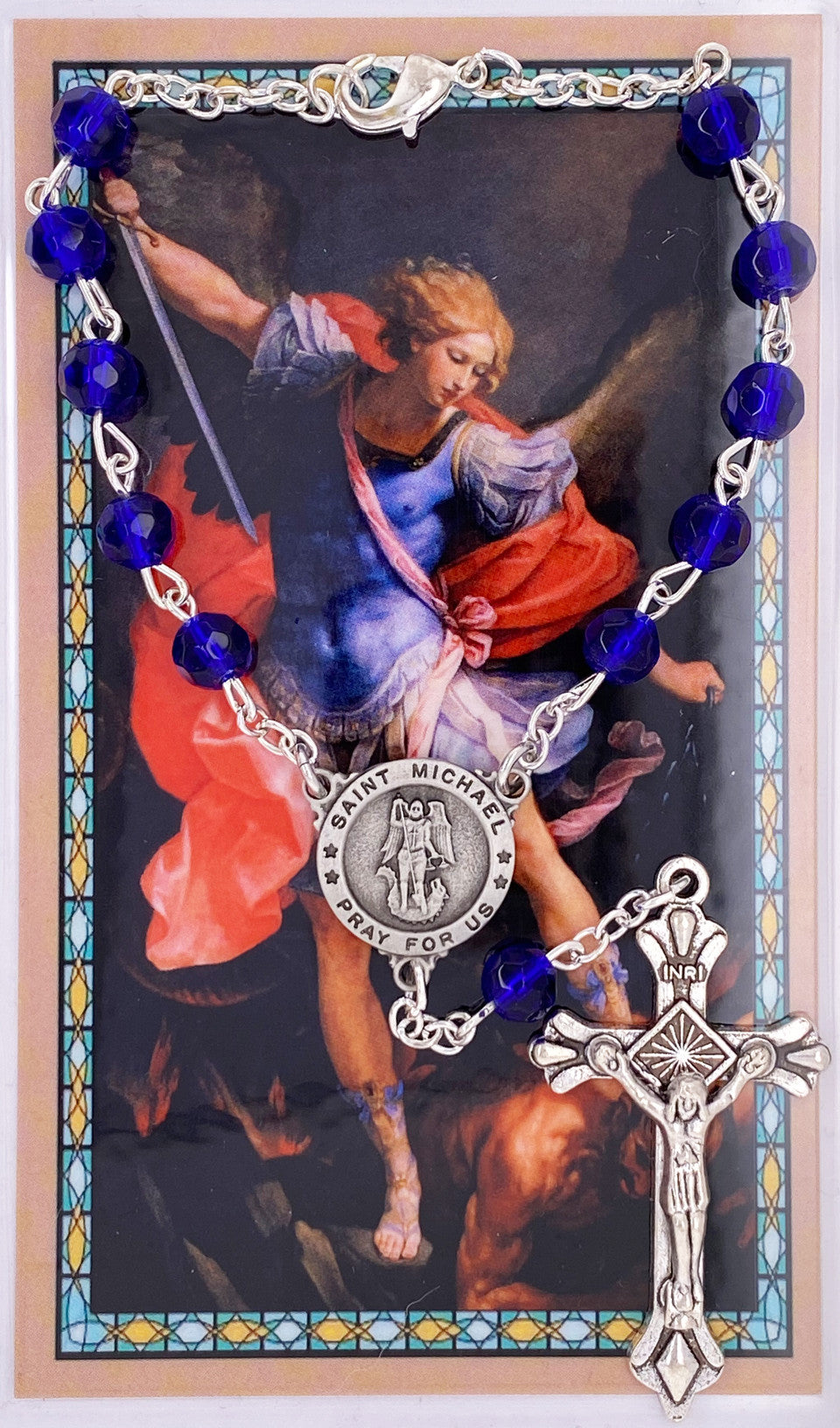 St. Michael Auto Rosary with Prayer Card | Blue Glass Beads