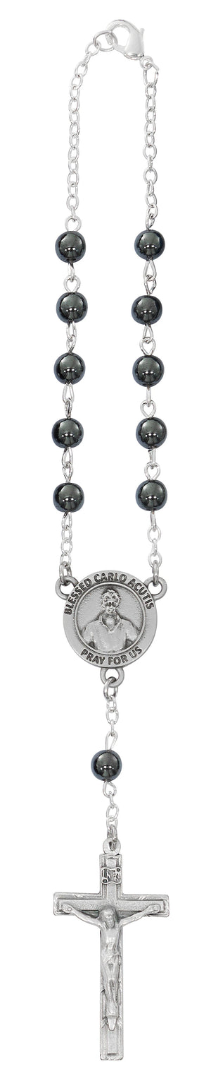 St. Carlo Acutis Hematite Auto Rosary, 6mm Beads