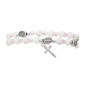 Pink and White Heart Rosary Wrap Bracelet