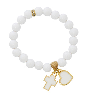 White Stretch Bracelet with Enamel Cross and Heart
