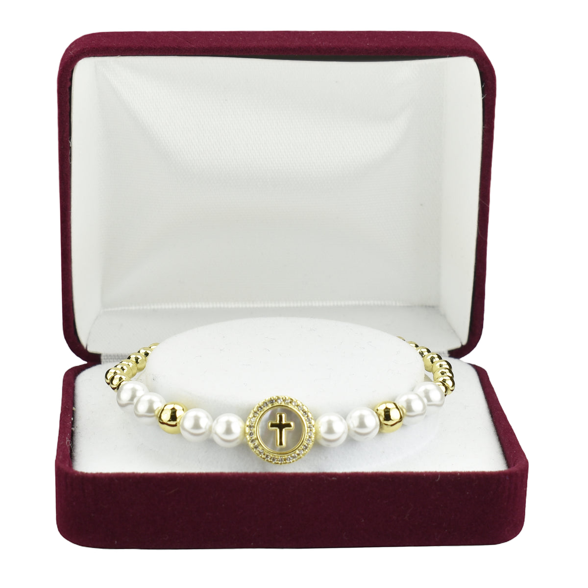 Gold Plated Pearl Stretch Bracelet with Mother of Pearl Cross