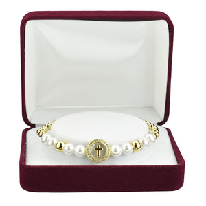 Gold Plated Pearl Stretch Bracelet with Mother of Pearl Cross