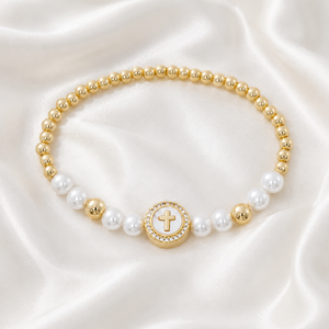 Gold Plated Pearl Stretch Bracelet with Mother of Pearl Cross