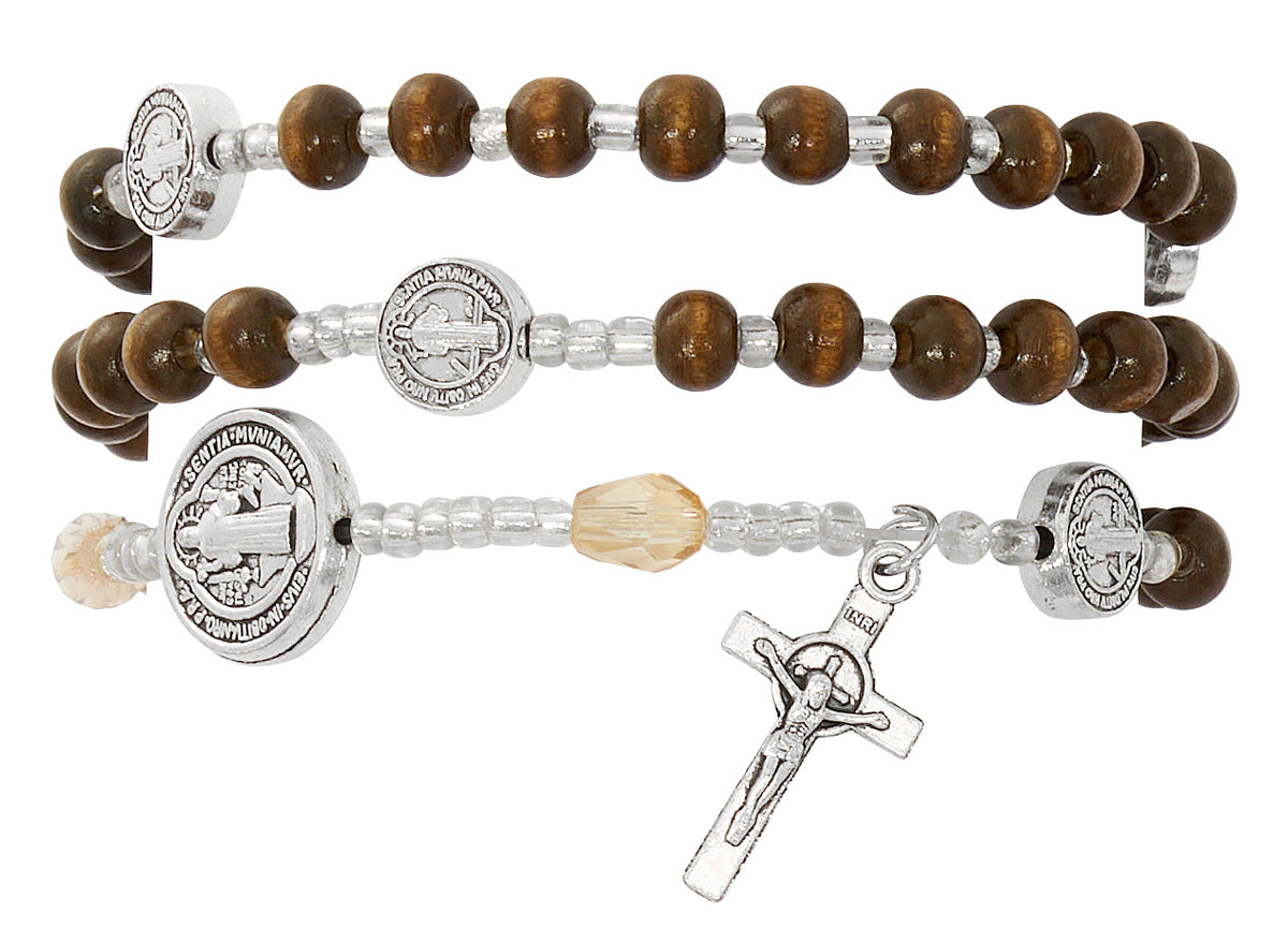 Brown Wood St. Benedict Twistable Rosary Bracelet