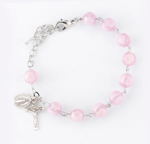 8mm Pink Venetian Glass Flower Rosary Bracelet, Sterling Silver
