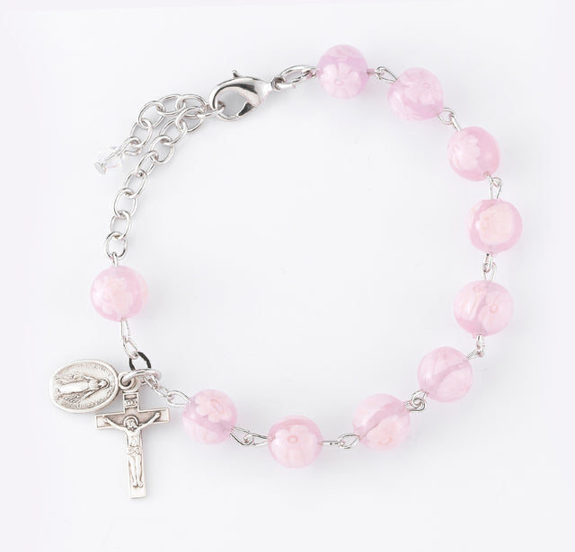 8mm Pink Venetian Glass Flower Rosary Bracelet, Sterling Silver