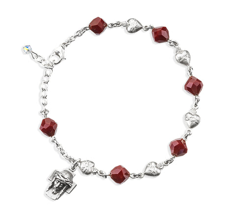 8mm Red Coral Crystal and Sacred Heart Bead Rosary Bracelet, Sterling Silver