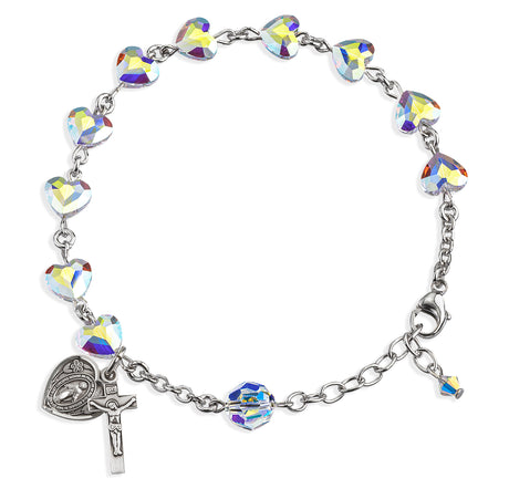 8mm Aurora Borealis Swarovski Crystal Heart Rosary Bracelet, Sterling Silver
