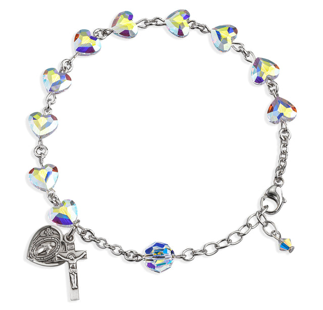 8mm Aurora Borealis Swarovski Crystal Heart Rosary Bracelet, Sterling Silver