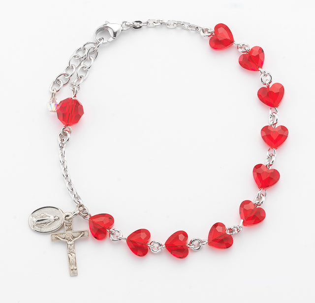8mm Red Swarovski Crystal Heart Rosary Bracelet, Sterling Silver