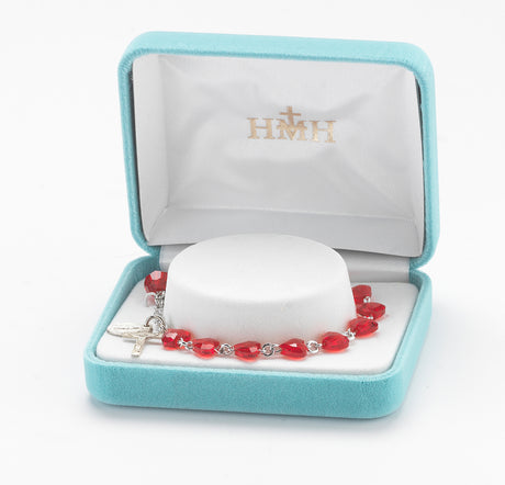 8mm Red Swarovski Crystal Heart Rosary Bracelet, Sterling Silver