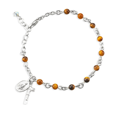 4mm Genuine Tiger Eye Rosary Bracelet, Sterling Silver