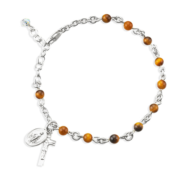 4mm Genuine Tiger Eye Rosary Bracelet, Sterling Silver