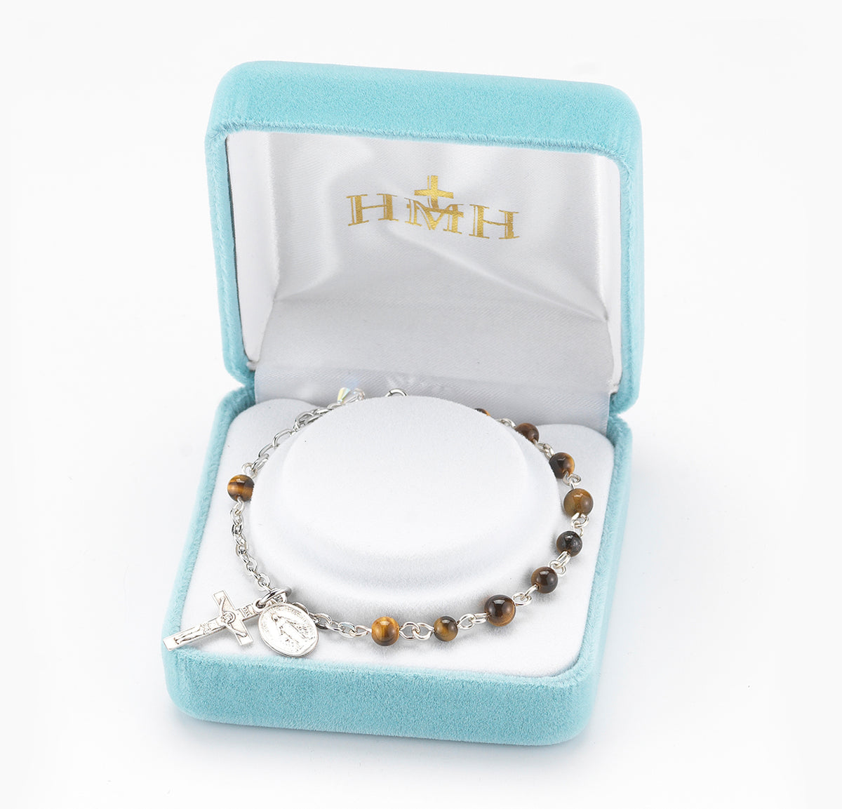 4mm Genuine Tiger Eye Rosary Bracelet, Sterling Silver