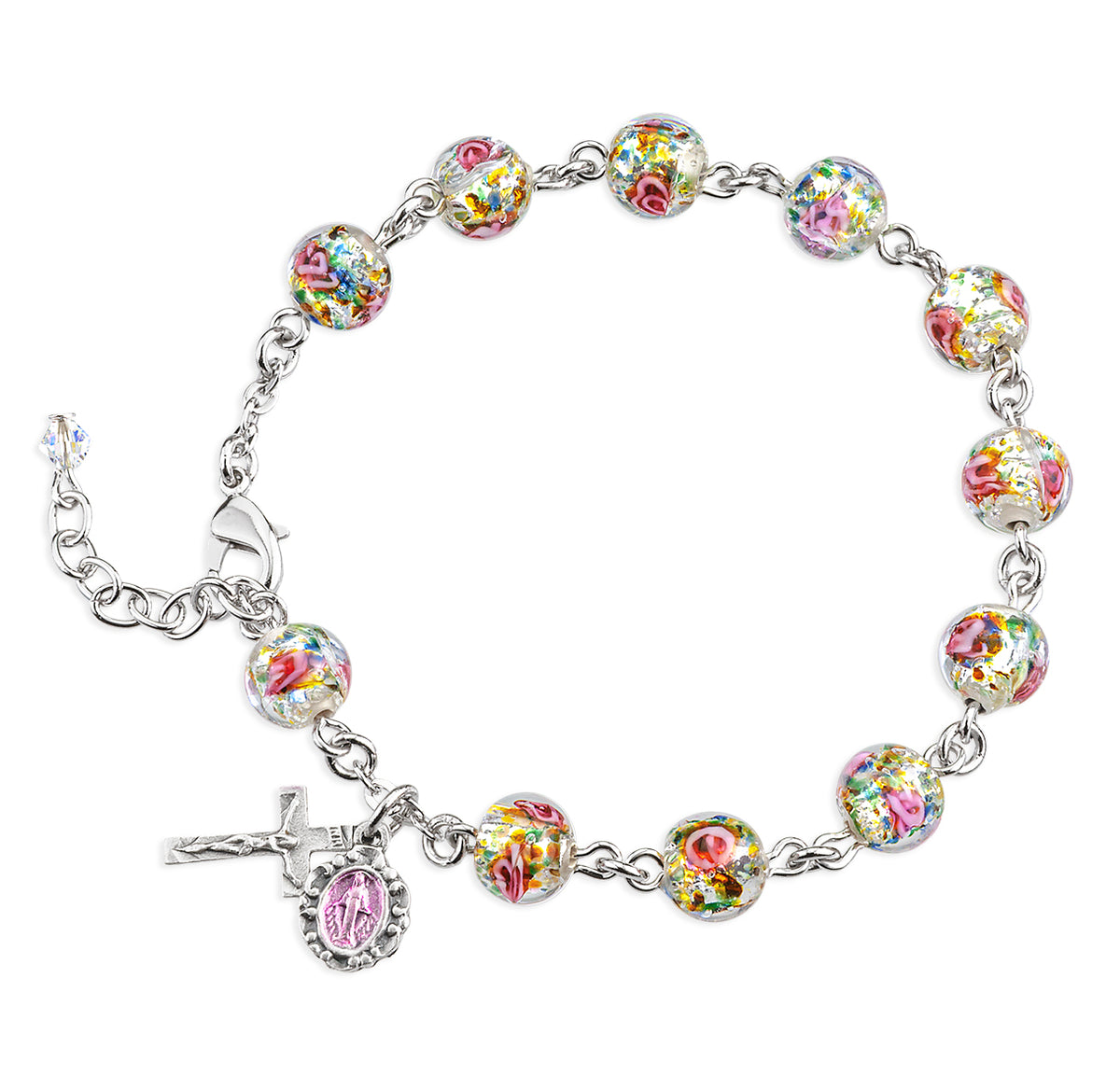 8mm Rose Embedded Glass Rosary Bracelet, Sterling Silver